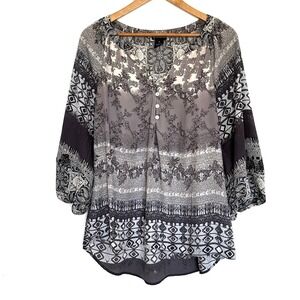 New Directions Shirt Women's XL Floral Boho Sheer 3/4 Sleeve Blouse Top